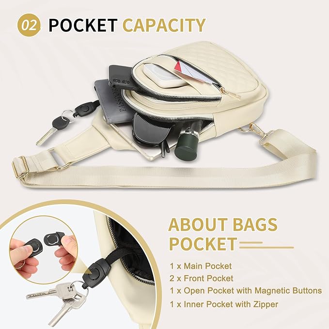 Crossbody Bags for Women Men,Leather Sling Bag Cross Body Backpack for Women, Casual Chest Bag Daypack for Travel Hiking, Beige