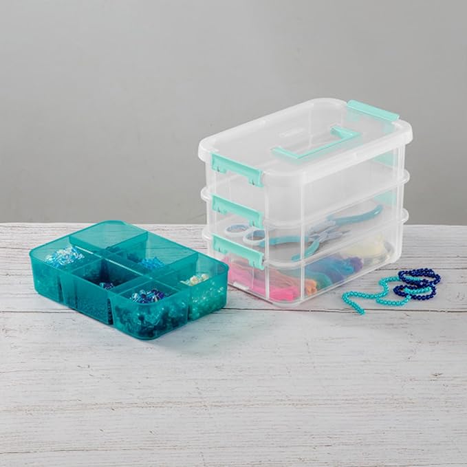 Sterilite 6 Pack Plastic Storage Box Container, 3 Layer, Stack and Carry, Clear/Blue