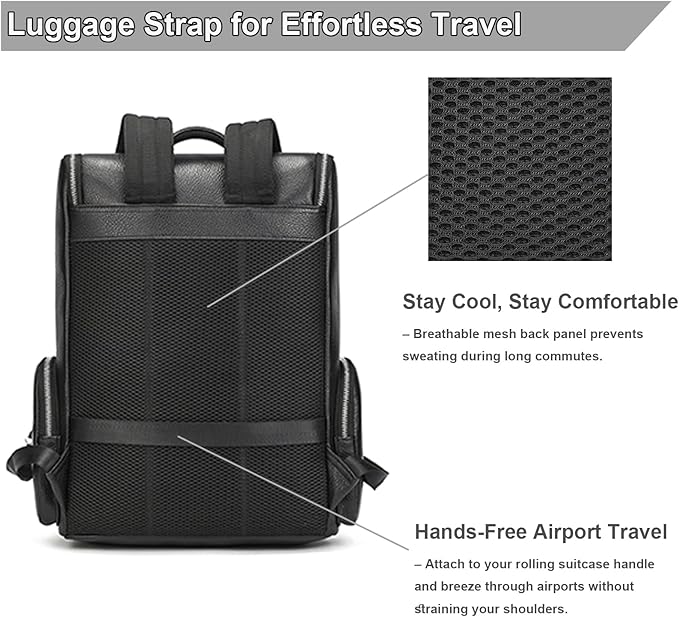 Genuine Leather Black Backpack - 15.6 Inch Business Laptop Backpack for Men & Women, Multi-Compartment Ergonomic Shoulder Bag for Office, Travel