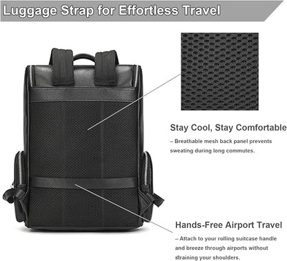 Genuine Leather Black Backpack - 15.6 Inch Business Laptop Backpack for Men & Women, Multi-Compartment Ergonomic Shoulder Bag for Office, Travel
