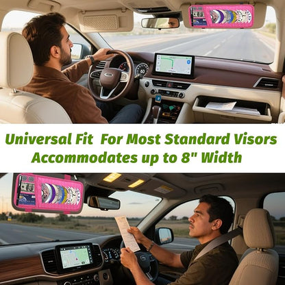 Car CD & DVD Holder - Large Capacity CD Visor Case, Vehicle Visor Storage Organizer with 12 Disc Sleeves, 1 Mesh Pocket 1 Pen Holder and & Elastic Band (Pink)