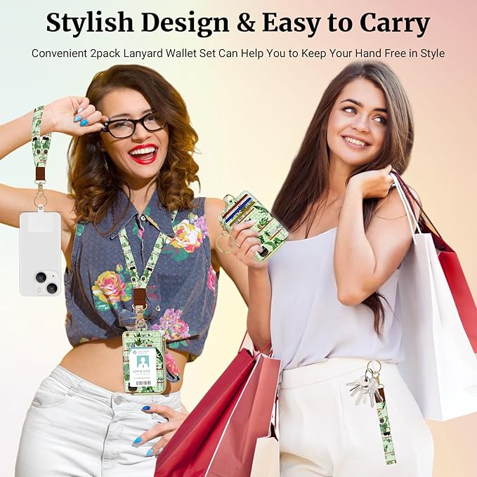 2-in-1 ID Badge Holder & Lanyard Wallet,Multi Use Womens Small Wallet with Zipper Pocket for Women Men with Wristlet and Neck Lanyard 5 Card Slots Work Essential (Cat Shelf)