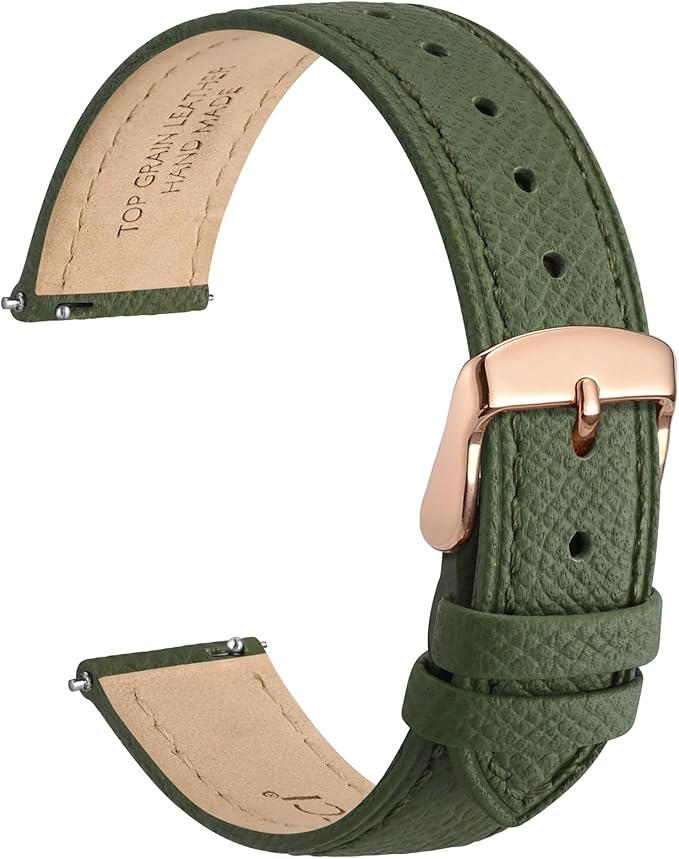 WOCCI 12mm Grace Leather Watch Band for Ladies, Top Grain Leather, Quick Release Replacement Strap with Rose Gold Buckle (Reseda Green)