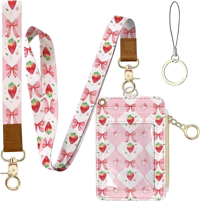 Leather Cute Badge Holder with Zipper Pocket, Pink Strawberry Bow Lanyards and 1 Zip Pocket and 4 Card Slots, Breakaway Lanyards with Metal Clasp for Offices, Staff, Adult, Employees