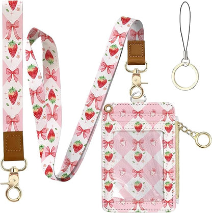 Leather Cute Badge Holder with Zipper Pocket, Pink Strawberry Bow Lanyards and 1 Zip Pocket and 4 Card Slots, Breakaway Lanyards with Metal Clasp for Offices, Staff, Adult, Employees
