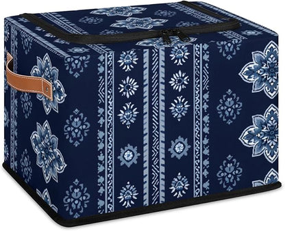 Storage Bins With Zipper Lid, Collapsible Trunk Organizer, Car Organizers and Storage Bins with Lids, Decorative Storage Boxes with Handle, Home Storage Baskets (Tribal-floral Vintage Blue)