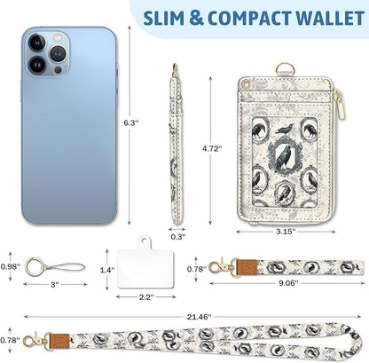 Piefly Goth Crow Lanyard Wallet with ID Badge Holder, Small RFID Wallet Women Keychain Wristlet, Slim Credit Card Holder Case with Zipper Pocket Phone Lanyard Wrist Strap Name Tag Office Teacher Gift