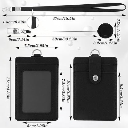 PU Leather Badge Holder with Lanyard ID Badge Holder with Retractable Reel Clips, Multiple Card Slots Retractable Badge Reel ID Card Holders Set for Badge Credit Cards