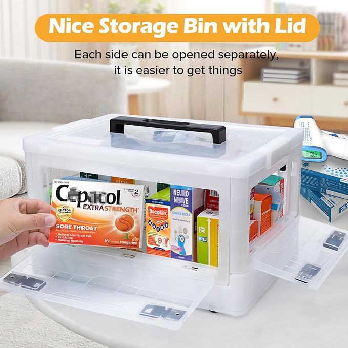 Gifhomfix Extra Large Medicine Storage Box with Handles, First Aid Box Clear Medical Supply Organizer with Removable Tray, Multipurpose Plastic Medicine Chest with Wheels