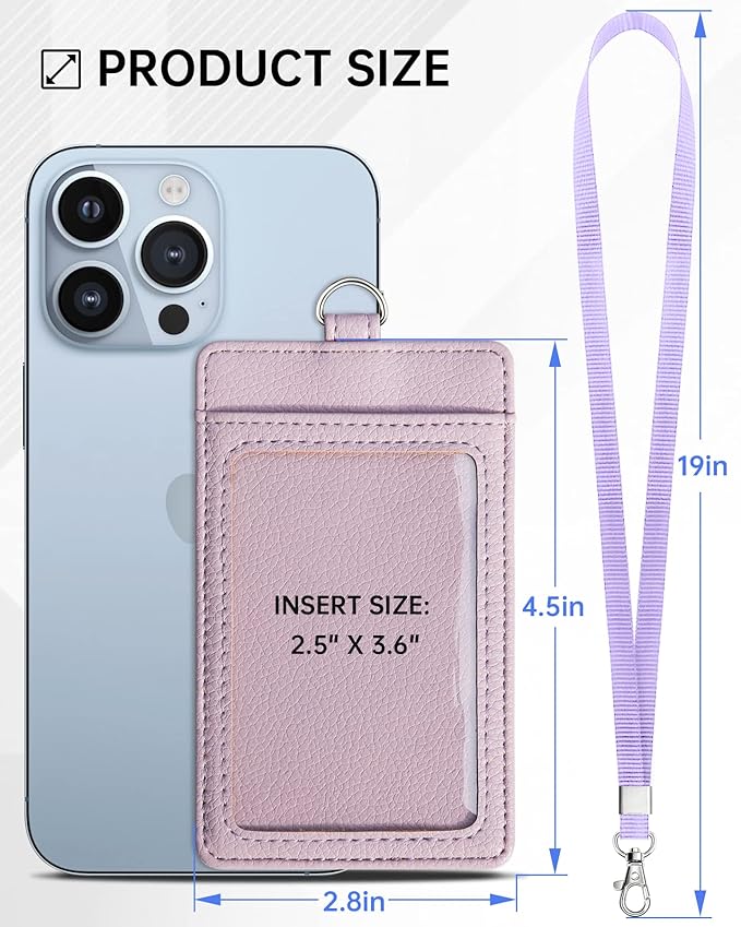 Teskyer Badge Holder with Lanyard, Leather ID Name Badge Card Holder with Lanyard for ID Badges, Vertical, Lychee Pattern Lilac