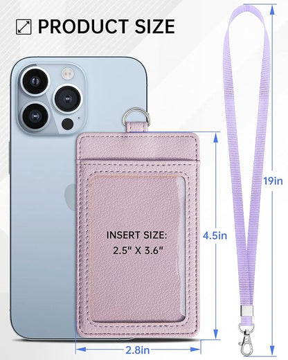 Teskyer Badge Holder with Lanyard, Leather ID Name Badge Card Holder with Lanyard for ID Badges, Vertical, Lychee Pattern Lilac