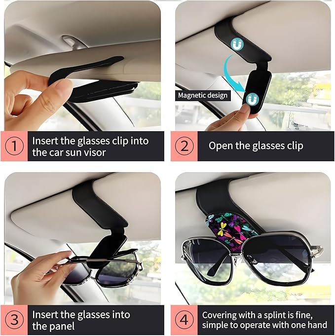 Sunglasses Holder for Car Visor, PU Leather Glasses Clip Organizer, Cute Magnetic Eyeglass Holder for Vehicle Sun Visor, Car Interior Accessory for Women & Men Colorful Dragonfly Glow