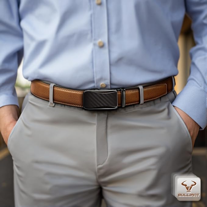 BULLIANT Mens Ratchet Belt,Leather Adjustable Slide Belt For Gift Mens Dress Casual 1 3/8",Size Adjustable