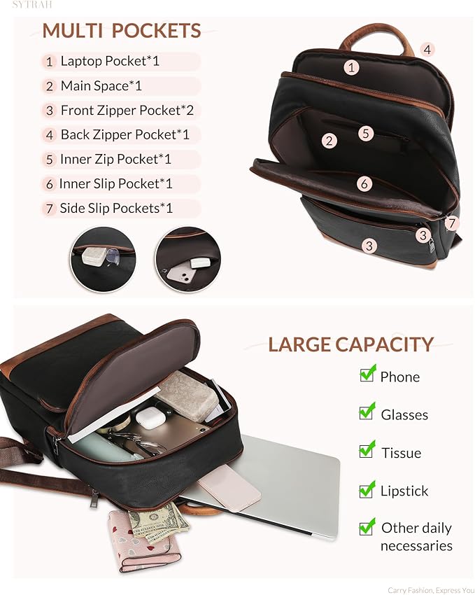 SYTRAH Leather Backpack for Women, Vintage 15.6 inch Laptop Backpack Purse for Women, College Casual Backpacks Ladies Computer Bags for Travel Business Work Black Brown