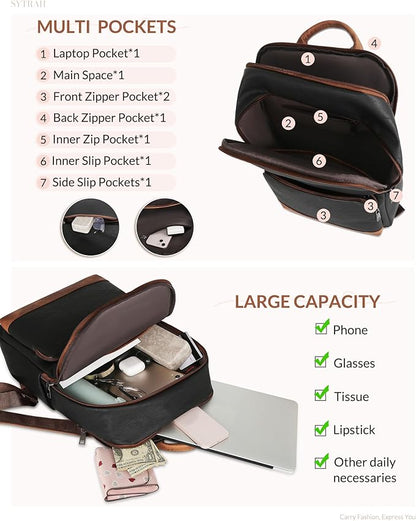 SYTRAH Leather Backpack for Women, Vintage 15.6 inch Laptop Backpack Purse for Women, College Casual Backpacks Ladies Computer Bags for Travel Business Work Black Brown