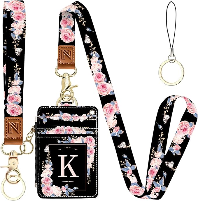 A-Z Letter 2-in-1 ID Badge Holder & Lanyard Wallet for Teachers,Nurse,Professionals-Cute Zippered Coin Pouch,Removable Wristlet & Neck Lanyard,5 Card Slots Stylish Work Essential K