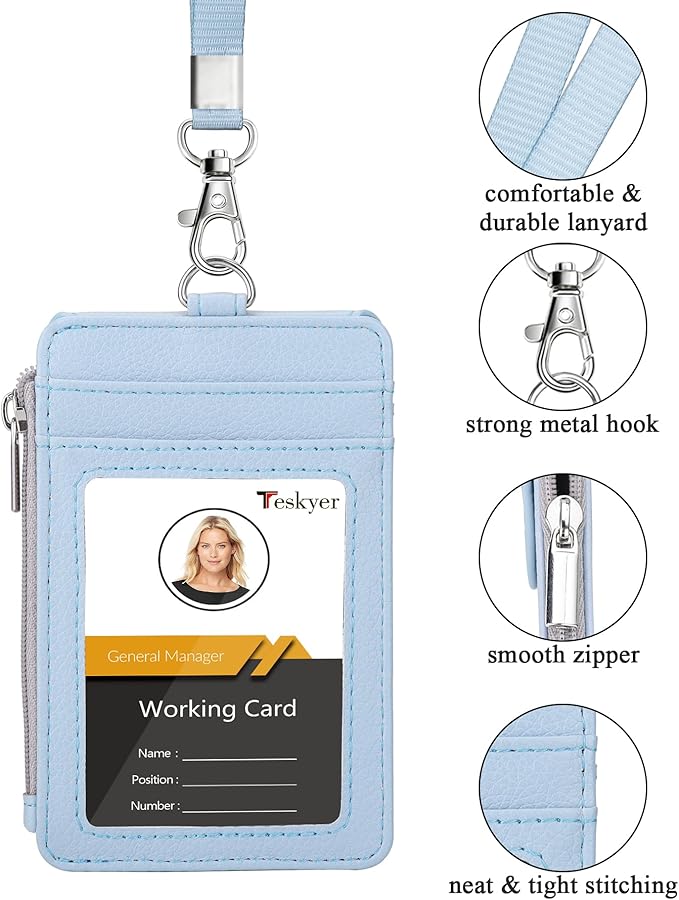 Teskyer Badge Holder with Side Zip Pocket, Multiple Card Slots Leather ID Holder Wallet with Neck Lanyard for Office Staffs, Teachers/Students, Workers, Cruise Cards, Bus/Metro Cards, Lichee Cyan