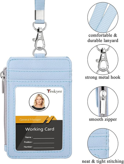 Teskyer Badge Holder with Side Zip Pocket, Multiple Card Slots Leather ID Holder Wallet with Neck Lanyard for Office Staffs, Teachers/Students, Workers, Cruise Cards, Bus/Metro Cards, Lichee Cyan