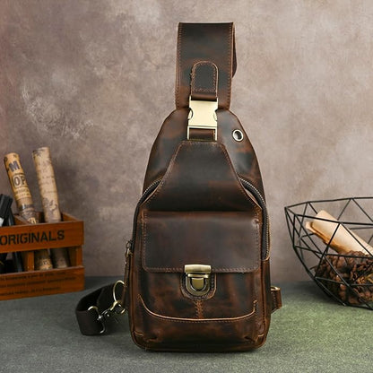 Thick Crazy horse Leather Triangle Crossbody Sling Chest Bag Travel One Shoulder Bag Daypack For Men Male 3028