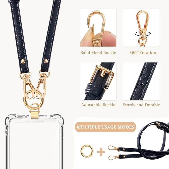 Clip and Go Phone Strap Crossbody with RFID Leather Wallet, Trendy Hands-Free Crossbody Cell Phone Lanyard Chain with Coin Purse for Women, Neck Chain for iPhone and Smartphone, Black