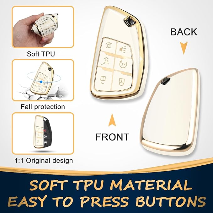 QBUC for Chevy Key Fob Cover with Keychain Soft TPU Protection Case Compatible with 2021-2026 Chevy Tahoe Suburban GMC Yukon Denali Silverado 6-Buttons(Gold Trim White)