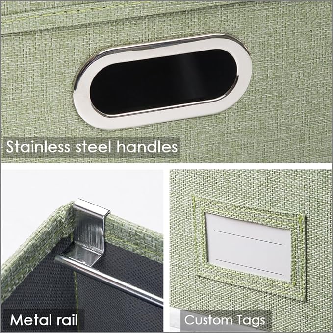 PRANDOM File Organizer Box - Set of 4 Collapsible Decorative Linen Filing Storage Hanging File Folders with Lids Office Cabinet Letter Size Green (14x9.3x10.8 inch)