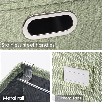 PRANDOM File Organizer Box - Set of 2 Collapsible Decorative Linen Filing Storage Hanging File Folders with Lids Office Cabinet Letter Size Green (14x9.3x10.8 inch)