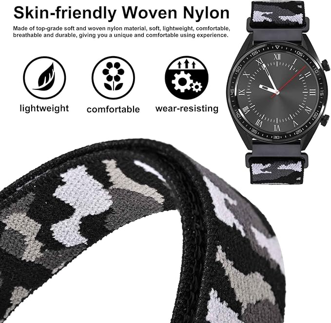 WOCCI 22mm Adjustable Nylon Watch Band, Quick Release Sport Loop Strap (City Camo)