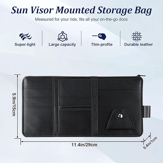 Amiss Car Sun Visor Organizer with Double Zippers, Multi-Pockets for Glasses, Pens, Cards & Documents, Universal Storage Pouch, Fits Most Cars, SUVs and Trucks, Car Interior Accessories (Black)