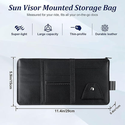 Amiss Car Sun Visor Organizer with Double Zippers, Multi-Pockets for Glasses, Pens, Cards & Documents, Universal Storage Pouch, Fits Most Cars, SUVs and Trucks, Car Interior Accessories (Black)
