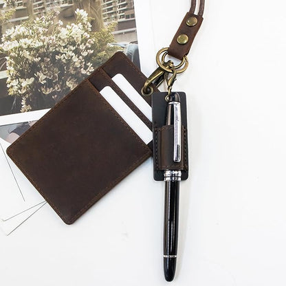 Genuine Leather Pen Holder, 2 Pack Boshiho Pen Pencil Holders for Badge Holder or Neck Lanyard (Dark Brown)