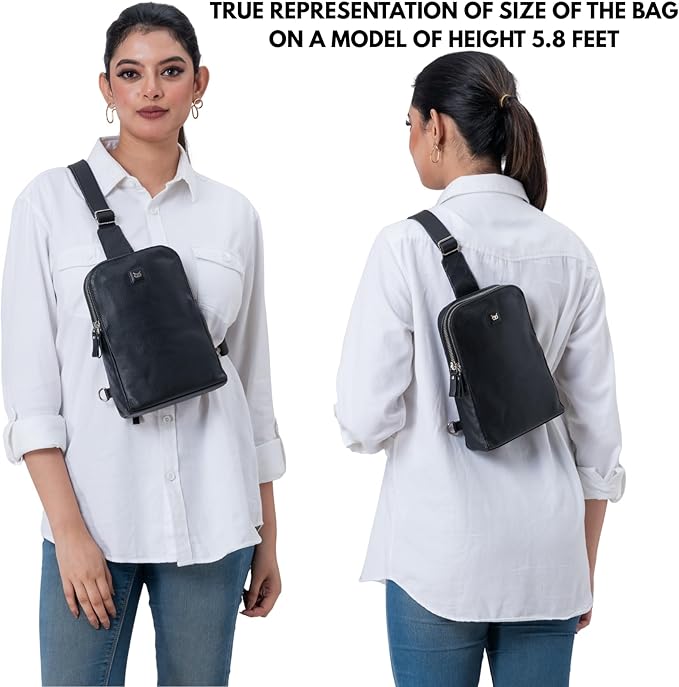 Leather Sling Bag for Women Genuine Crossbody Purse Small Trendy Cross Over Chest with Phone and Credit Card Slots (Black Nappa)