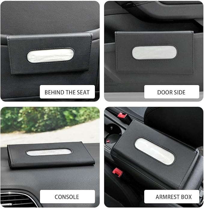 Black Car Tissue Refill Holder for Visor, Car Sun Visor Napkin Paper Storage Holder Box, Hanging Tissue Clip, PU Leather