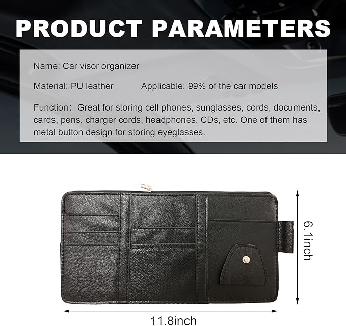 Ohleats Car Sun Visor Organizer, Multifunctional Visor Storage Holder for License Pen Key, Leather Card Cash Pouch with Multi-Pocket Net Zipper, Universal Interior Car Accessories (Black)