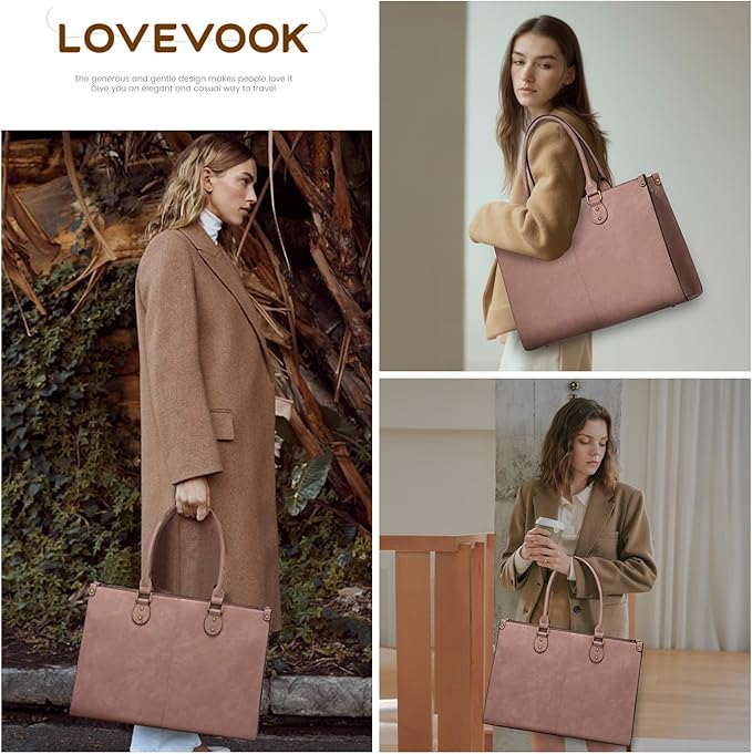 LOVEVOOK Laptop Tote Bag for Women, 15.6 Inch Large Capacity Vintage Leather Work Computer Bag, Business Casual Shoulder Handbag, Lotus Pink