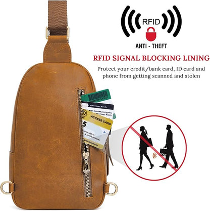 S-ZONE Leather Sling Bags for Women Men, Fanny Packs, Small Crossbody Purse Chest Bag with RFID Blocking