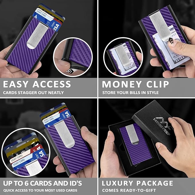 MOSIYEEF Slim Leather Card Holder RFID Wallet for Men - Minimalist Pop Up Men Wallet with Money Clip-wrapped Compact Carbon Fiber Wallet for 6 Credit Cards - Gifts for Him, Lilac Purple