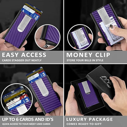MOSIYEEF Slim Leather Card Holder RFID Wallet for Men - Minimalist Pop Up Men Wallet with Money Clip-wrapped Compact Carbon Fiber Wallet for 6 Credit Cards - Gifts for Him, Lilac Purple
