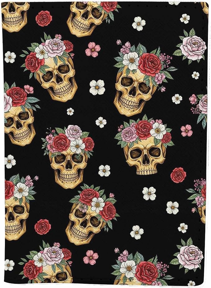 Suger Skull Passport Holder for Travel Floral Red White Pink PU Leather Passport Cover Wallet Cute Passport Card Holder for Women and Men