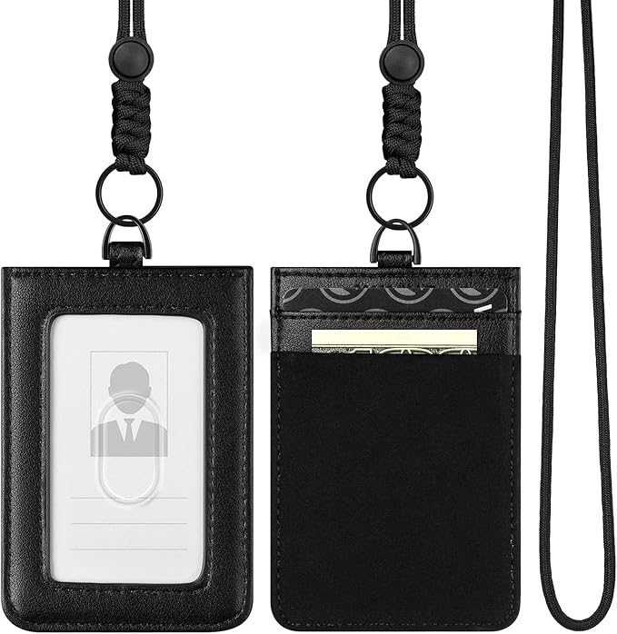 VULKIT ID Badge Holder with Lanyard for Women and Men Vertical Leather Badge Holder with Clear ID Window Card Holder Slot and Money Pocket Black