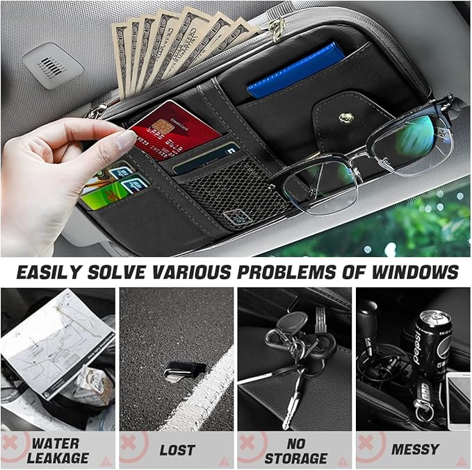 AUCELI Car Sun Visor Organizer, PU Leather Document Registration Case Bag with Multi-Pocket for License Pen Key, Sunglass Holder Net Zipper Storage Pouch, Universal Auto Truck Accessories