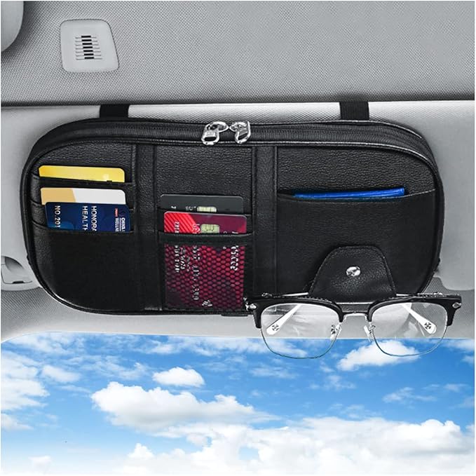 Car Sun Visor Organizer, Sunglass Holder and Storage Pocket, Card Cash Pouch with Multi-Pocket Net Zipper, Case Bag for License Pen Key, Auto Interior Accessories for Truck, SUV, Van (Black)