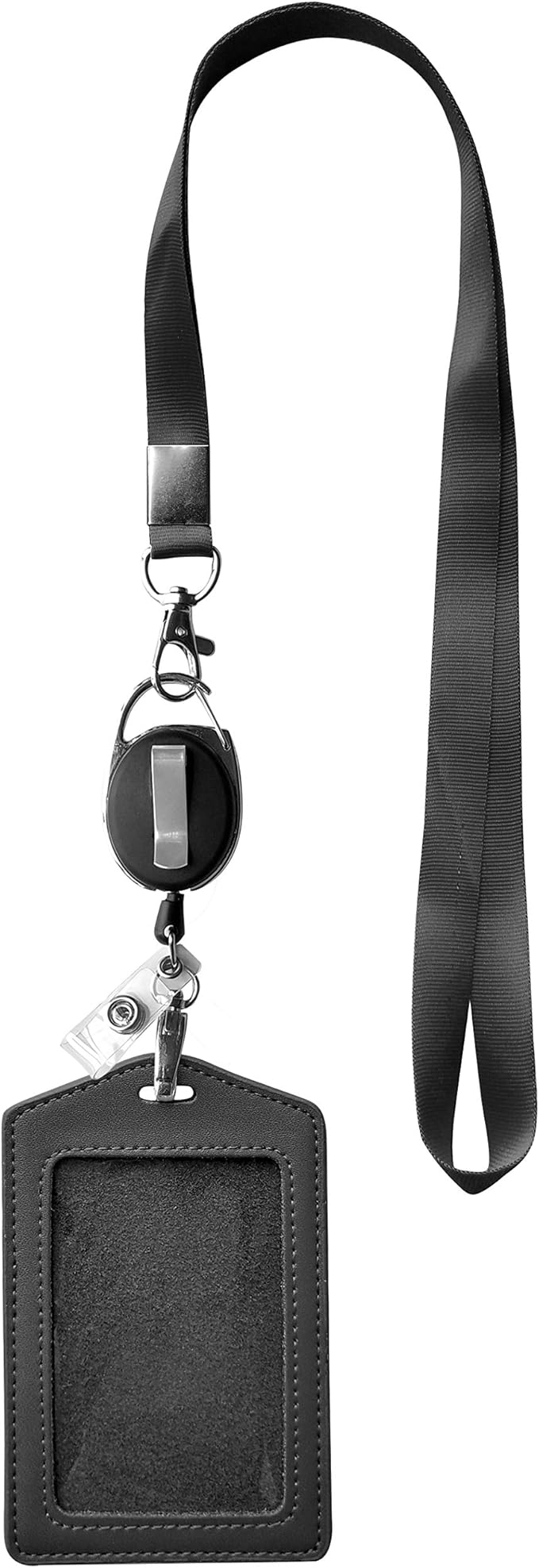 ID Card Case + Heavy Duty Lanyard (Black) + Badge Holder Retractable Reel Carabiner and Plastic Clip (Genuine Leather)