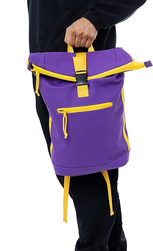 X RAY Roll Top Laptop Backpack for Men Women, PU Leather Expandable Roll Up Backpack Capacity Adjustable 22L & Fits 15.6" Laptop, Purple/Yellow
