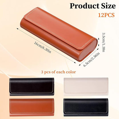 Lemecima 12 Pack Leather Glasses Case Hard Shell, Premium Eyeglasses Storage Organizer with Secure Buckle Closure for Sunglasses, Reading Glasses, Frames - 4 Colors (Black, Maroon, Brown, Beige)