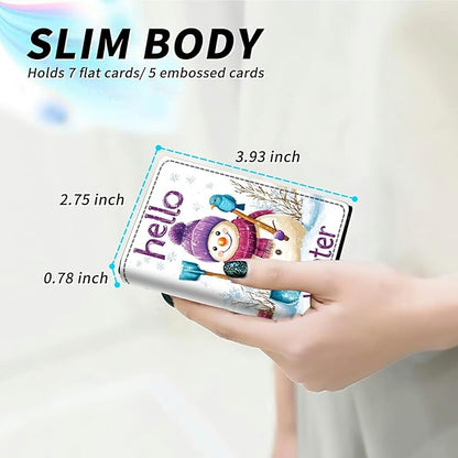 Minimalist Wallet for Men's Card Holders, Pop-Up Card Case Durable Wallets for Women, Leather Automatic Credit Card Holder with Metal Money Clip RFID Blocking Bifold Pocket, Winter Snowman