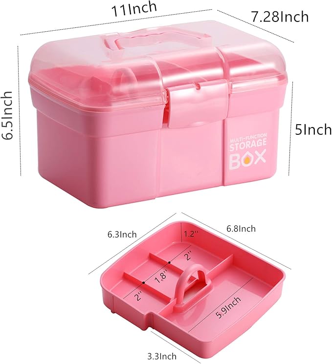 Kinsorcai 11'' Plastic Storage Box with Removable Tray, Multipurpose Organizer and Storage Case for Art Craft and Cosmetic (Pink)