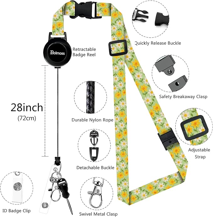bolimoss Daisy Breakaway Lanyards for Id Badges, Cute Flower Leather Badge Holder with Retractable Adjustable Lanyard ID Name Badge Card Holder with Safety Quick Release Buckles for Women Teacher