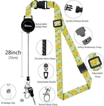 bolimoss Daisy Breakaway Lanyards for Id Badges, Cute Flower Leather Badge Holder with Retractable Adjustable Lanyard ID Name Badge Card Holder with Safety Quick Release Buckles for Women Teacher