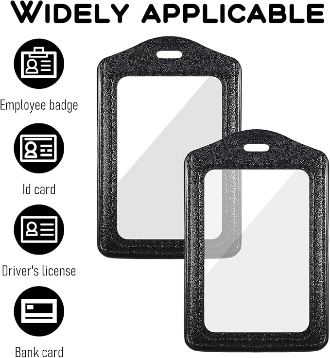 Genuine Leather ID Badge Holders, 2Pcs Leather Badge Holder with Double Side Clear Window, Vertical ID Card Holders, Waterproof Name Badge Holder for Students, Staff, Office, Employees, Black